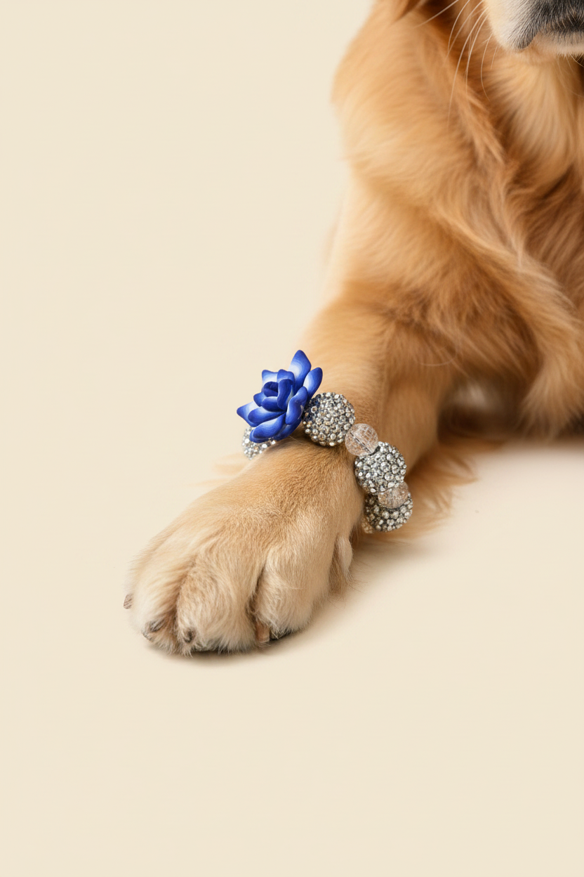 Silver beaded bracelet with a blue flower on a beige background